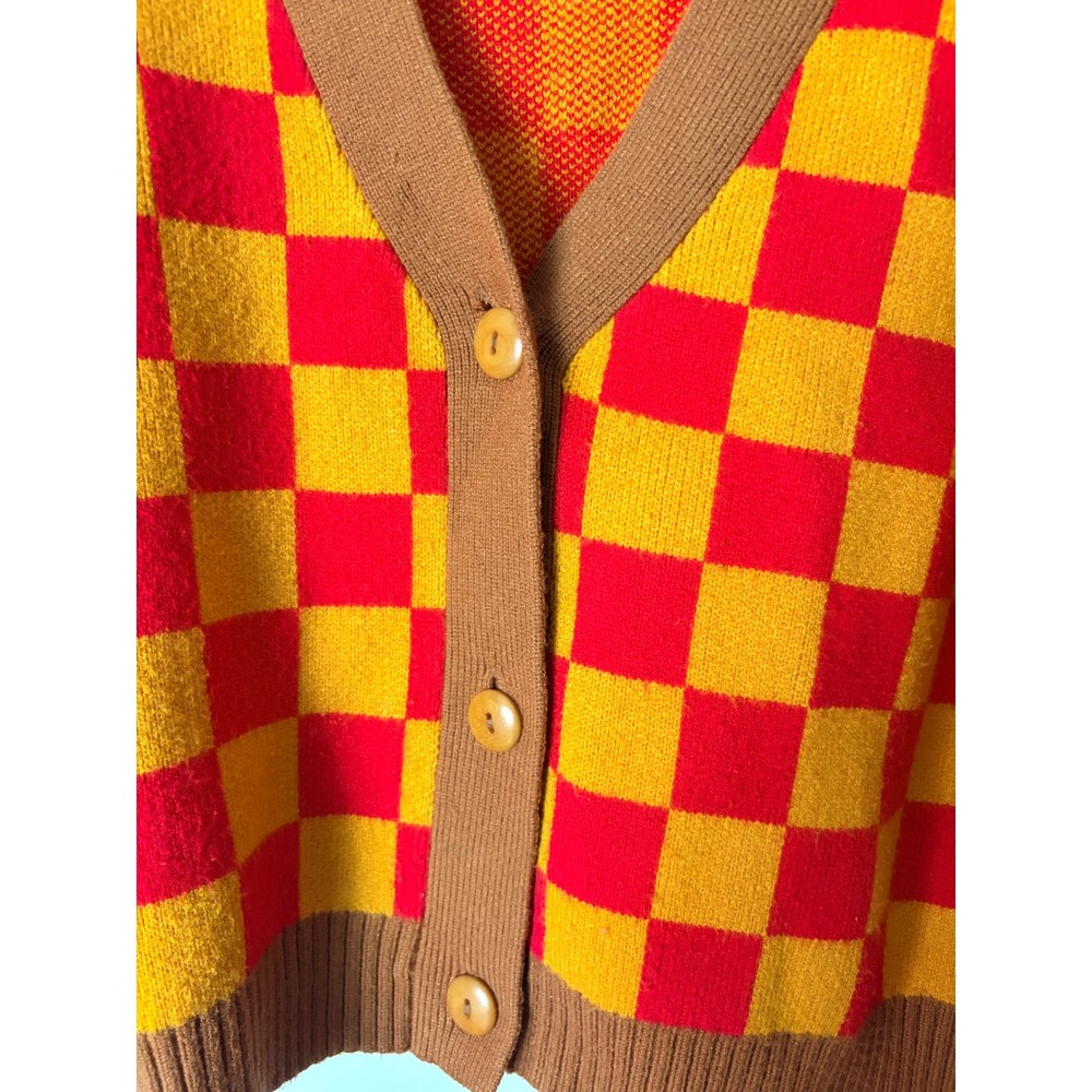 Lisa Says Gah Checkered Cardigan Sweater Red Orange Yellow XS/S Button Front - Picture 3 of 4